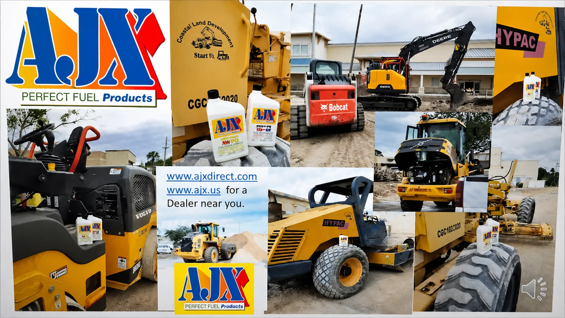 Construction vehicles with AJX fuel products displayed.